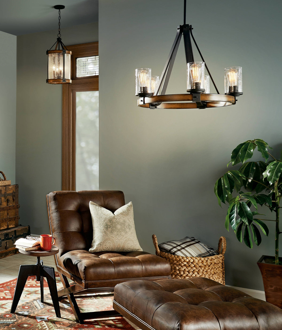 Kichler Barrington 4-Light Distressed Black and Wood Tone Rustic Seeded Glass Cylinder Medium Hanging Pendant Light