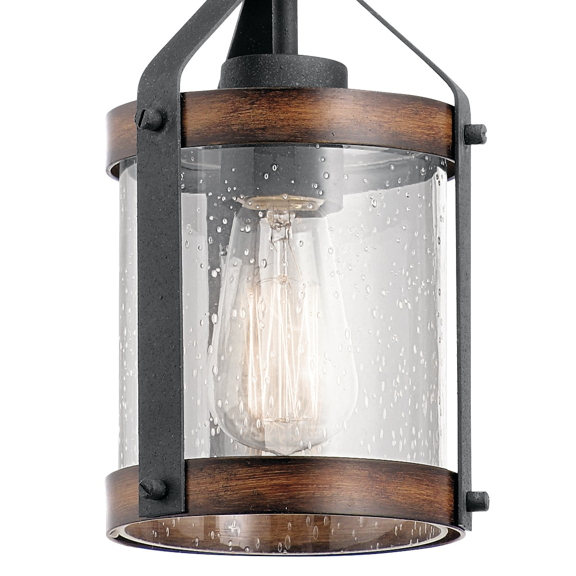Kichler Barrington 4-Light Distressed Black and Wood Tone Rustic Seeded Glass Cylinder Medium Hanging Pendant Light