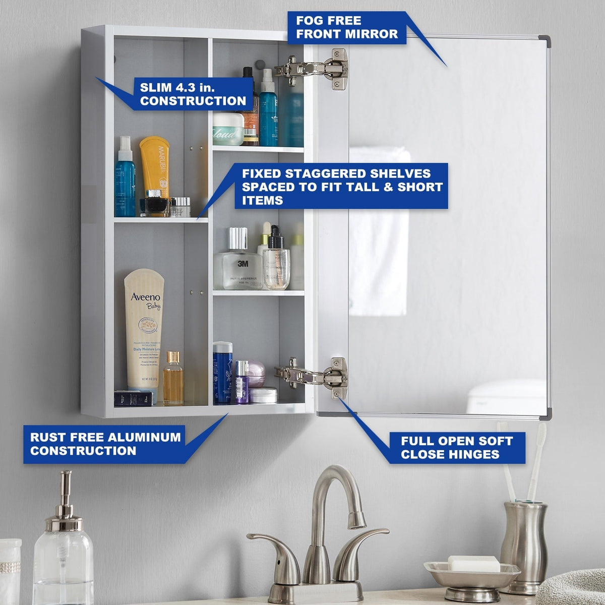 allen + roth Maximum Storage 15-in x 24-in Fog Free Surface Mount Silver Mirrored Soft Close Medicine Cabinet