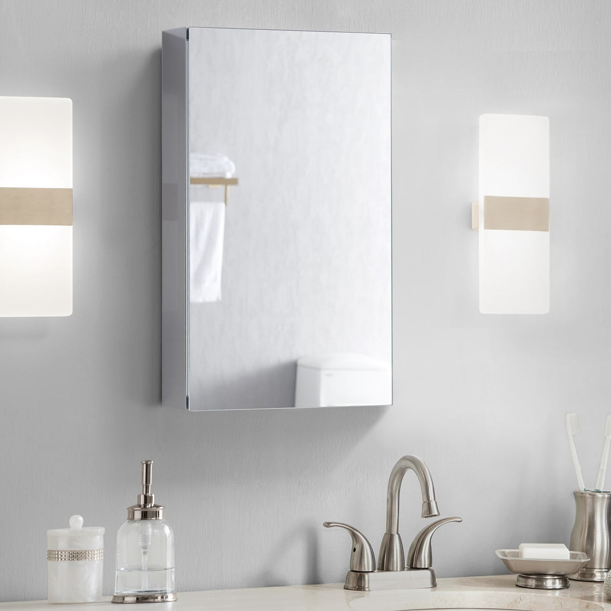 allen + roth Maximum Storage 15-in x 24-in Fog Free Surface Mount Silver Mirrored Soft Close Medicine Cabinet