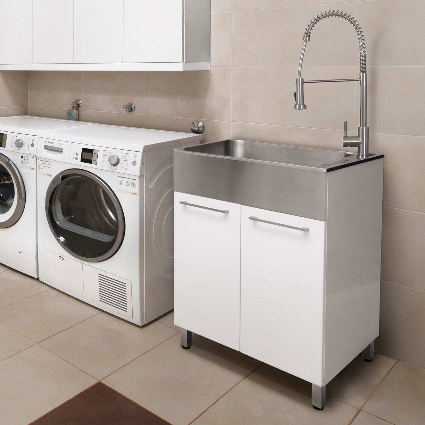Presenza Brushed Steel Utility Tub with Faucet and Cabinet
