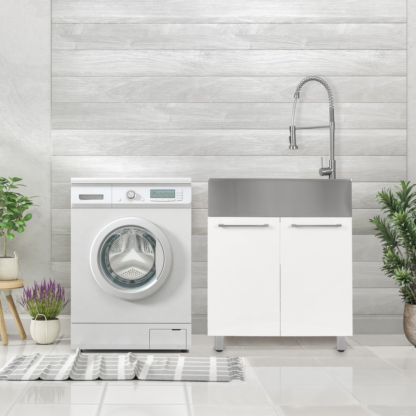 Presenza Brushed Steel Utility Tub with Faucet and Cabinet