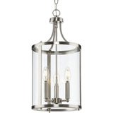 Progress Lighting Gilliam 3-Light Brushed Nickel Farmhouse Clear Glass Cylinder Medium Hanging Pendant Light