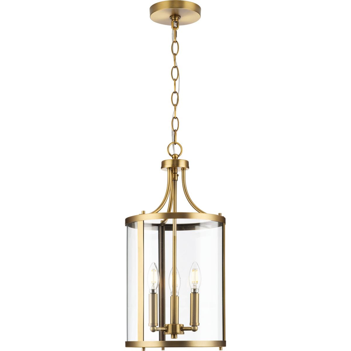 Progress Lighting Gilliam 3-Light Vintage Brass Farmhouse Clear Glass Cylinder Medium Hanging Pendant Light