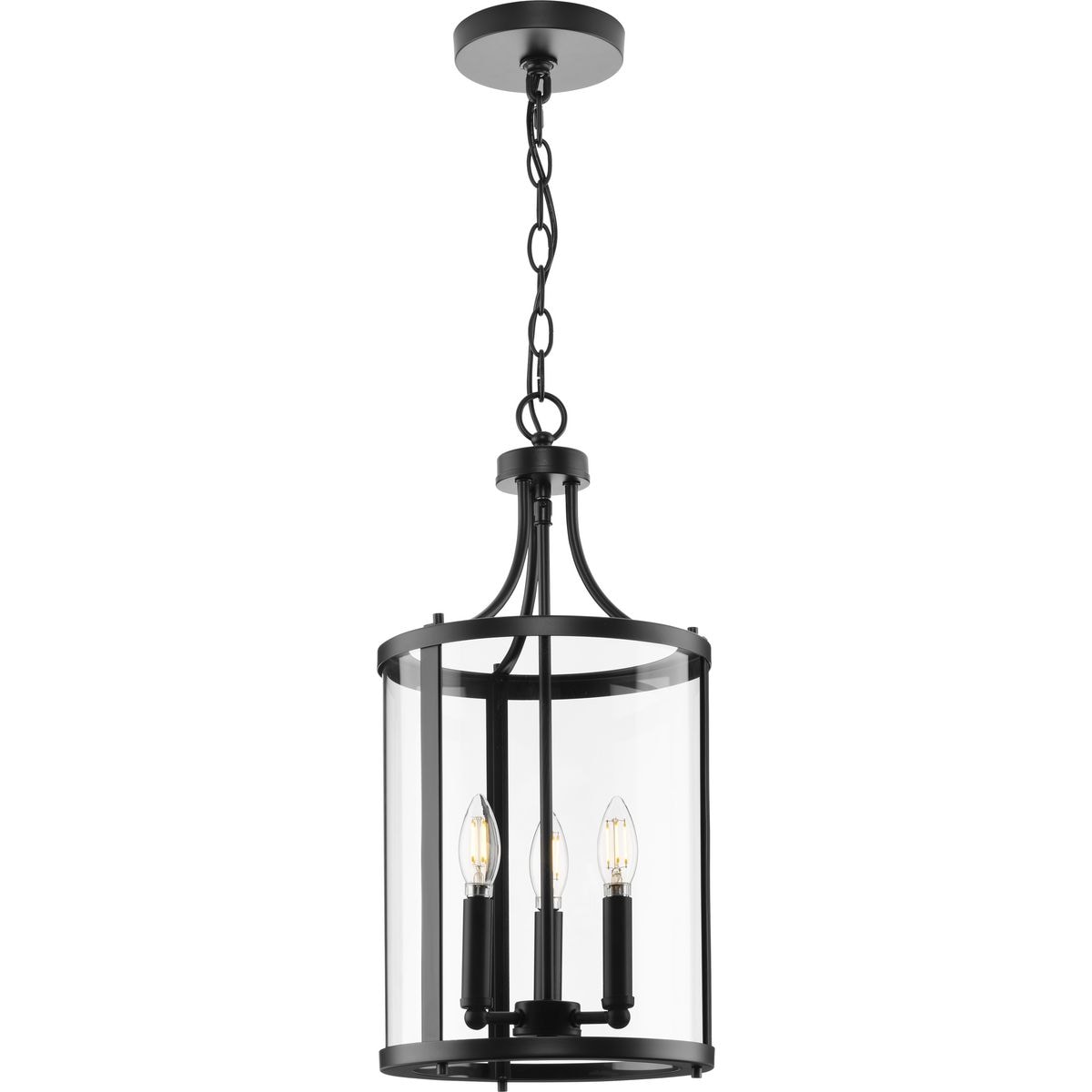 Progress Lighting Gilliam 3-Light Matte Black Farmhouse Clear Glass Cylinder Medium Hanging Pendant Light