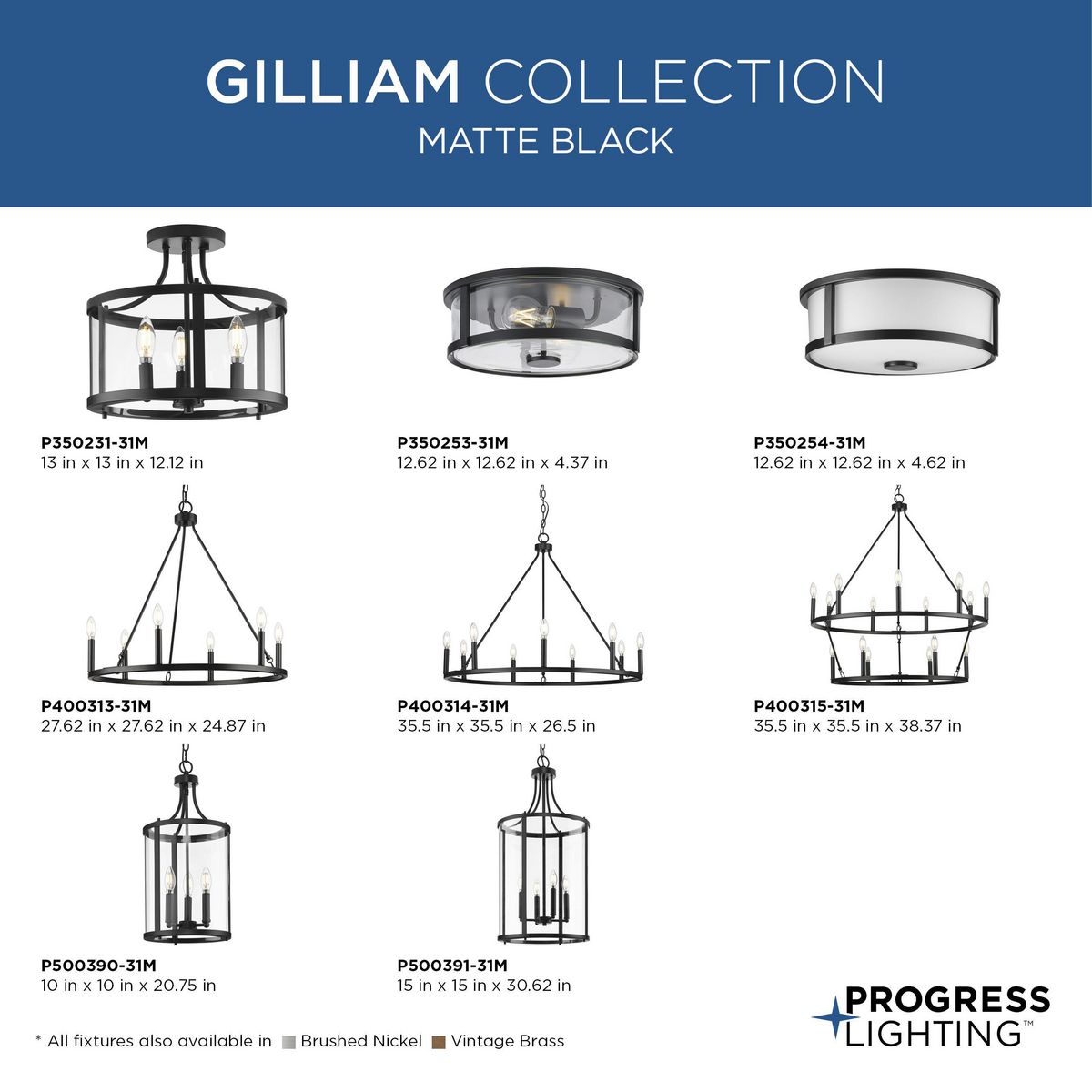 Progress Lighting Gilliam 3-Light Matte Black Farmhouse Clear Glass Cylinder Medium Hanging Pendant Light