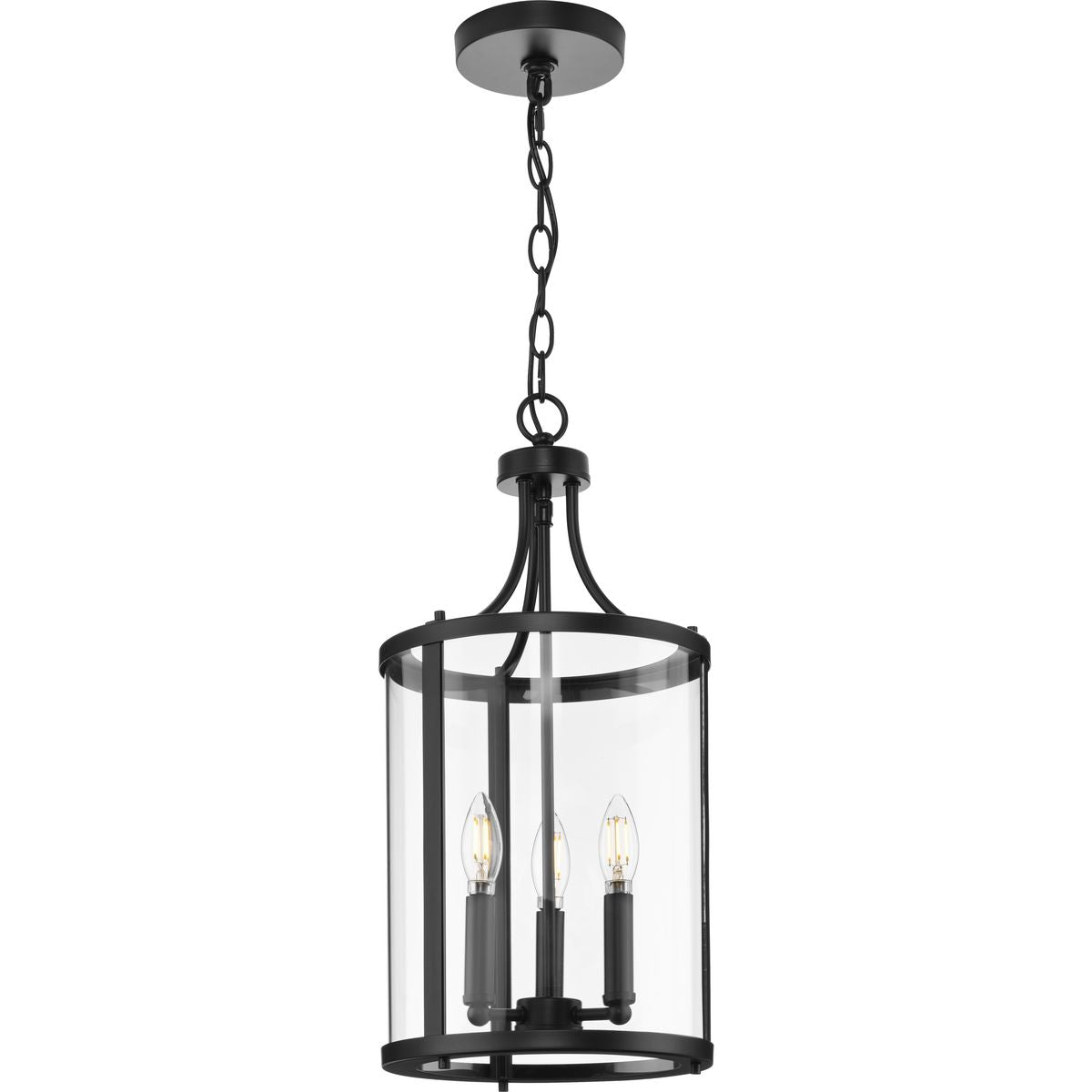Progress Lighting Gilliam 3-Light Matte Black Farmhouse Clear Glass Cylinder Medium Hanging Pendant Light