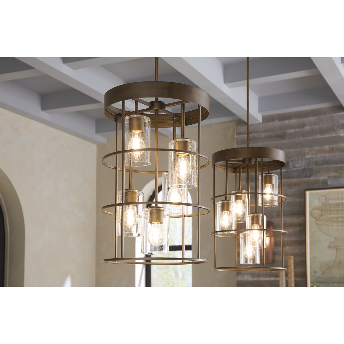 Progress Lighting Burgess 5-Light Aged Bronze Rustic Seeded Glass Cylinder Medium Hanging Pendant Light