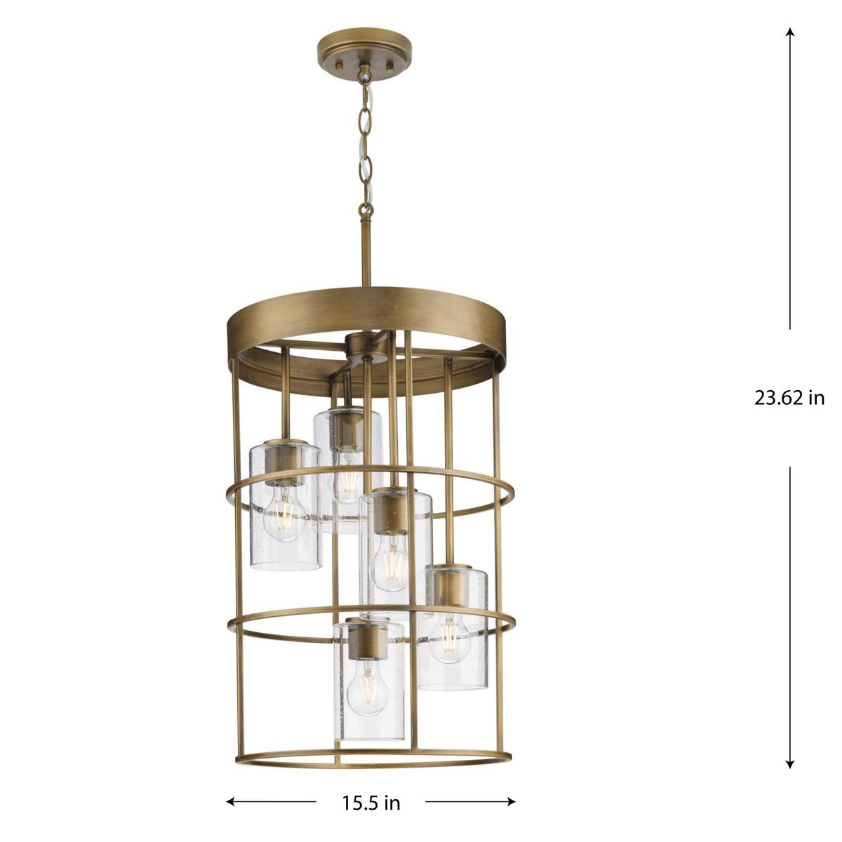 Progress Lighting Burgess 5-Light Aged Bronze Rustic Seeded Glass Cylinder Medium Hanging Pendant Light