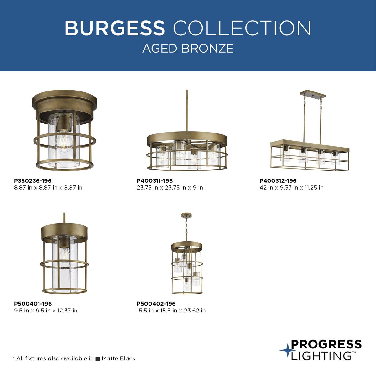 Progress Lighting Burgess 5-Light Aged Bronze Rustic Seeded Glass Cylinder Medium Hanging Pendant Light