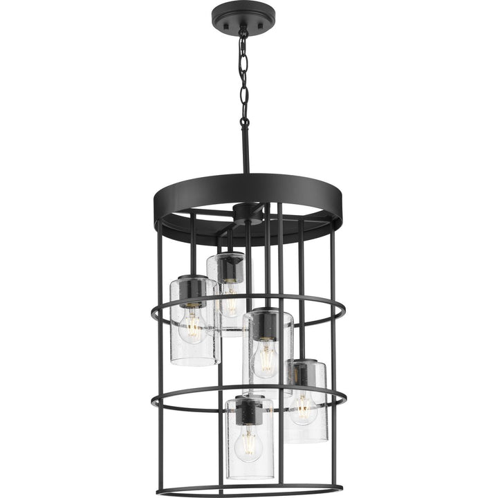 Progress Lighting Burgess 5-Light Matte Black Rustic Seeded Glass Cylinder Medium Hanging Pendant Light