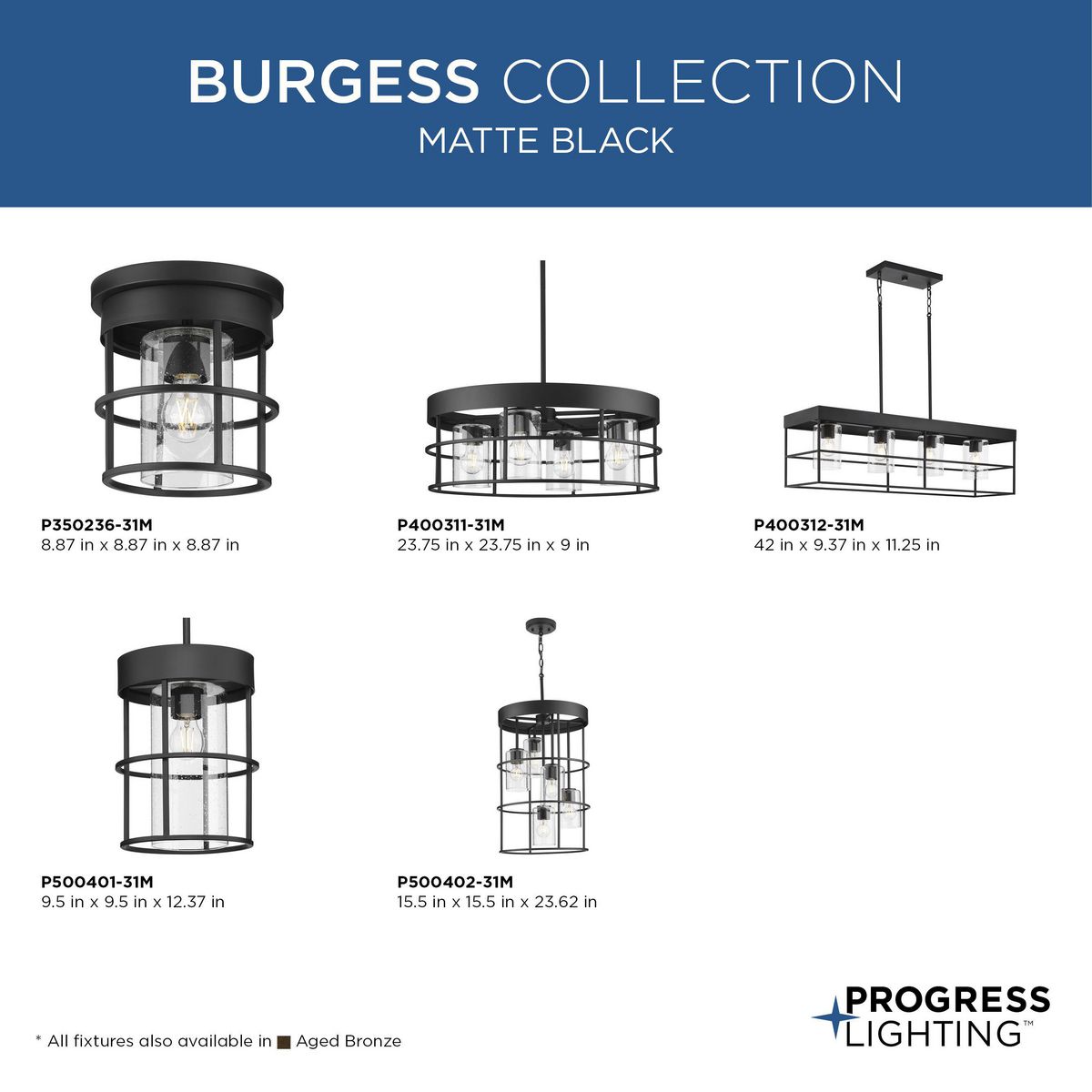 Progress Lighting Burgess 5-Light Aged Bronze Rustic Seeded Glass Cylinder Medium Hanging Pendant Light