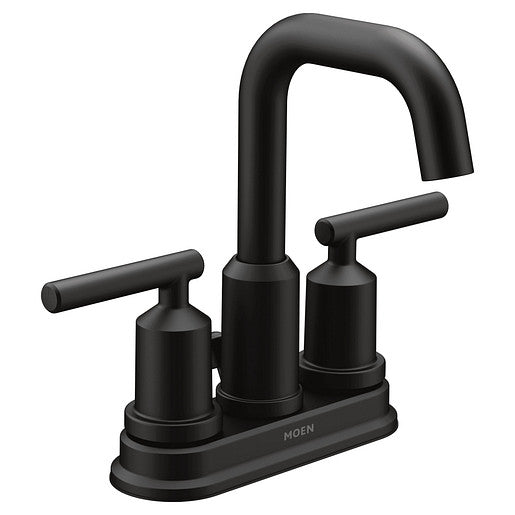 Moen Gibson Matte Black 2‑Handle 4-in Centerset WaterSense Bathroom Sink Faucet with Drain, High-Arc Spout