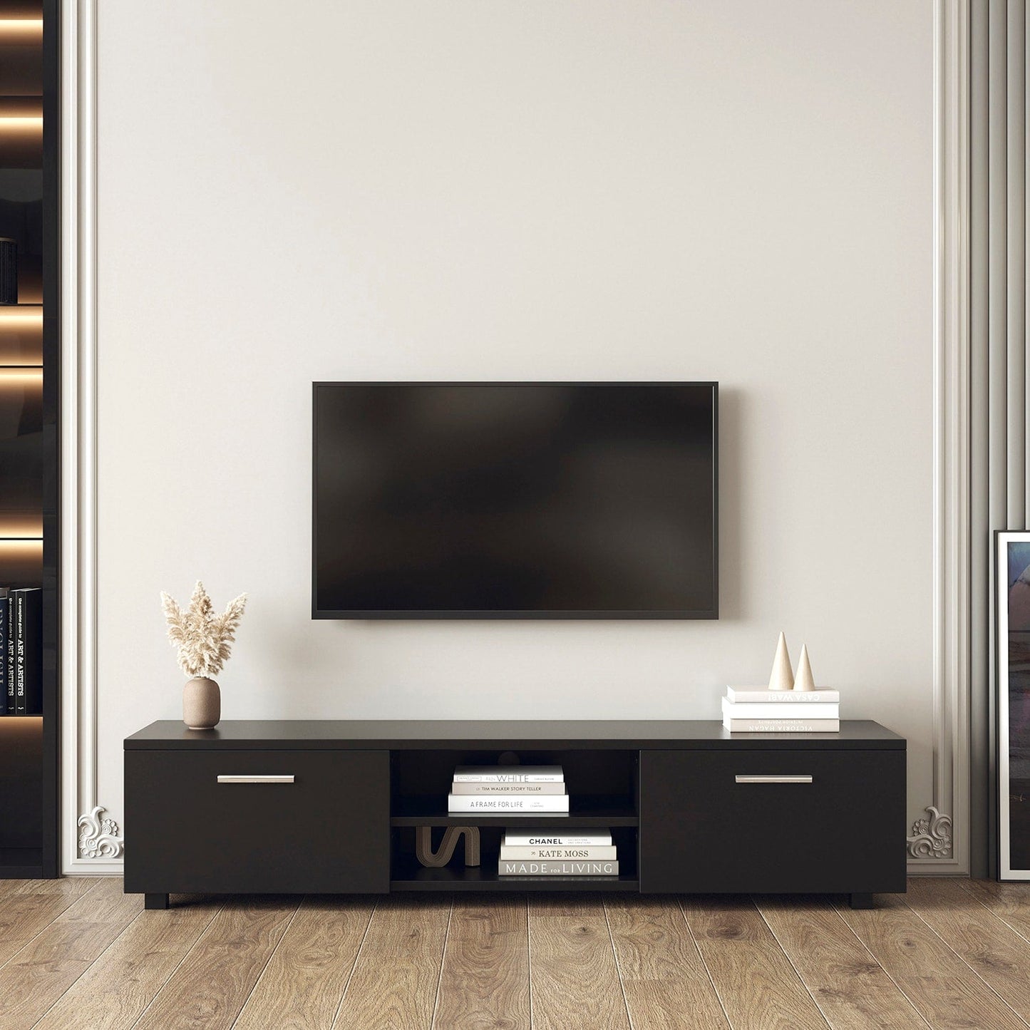 GZMR Black TV Stand for 70-in TV Stands Modern/Contemporary Black TV Cabinet (Accommodates TVs up to 70-in)