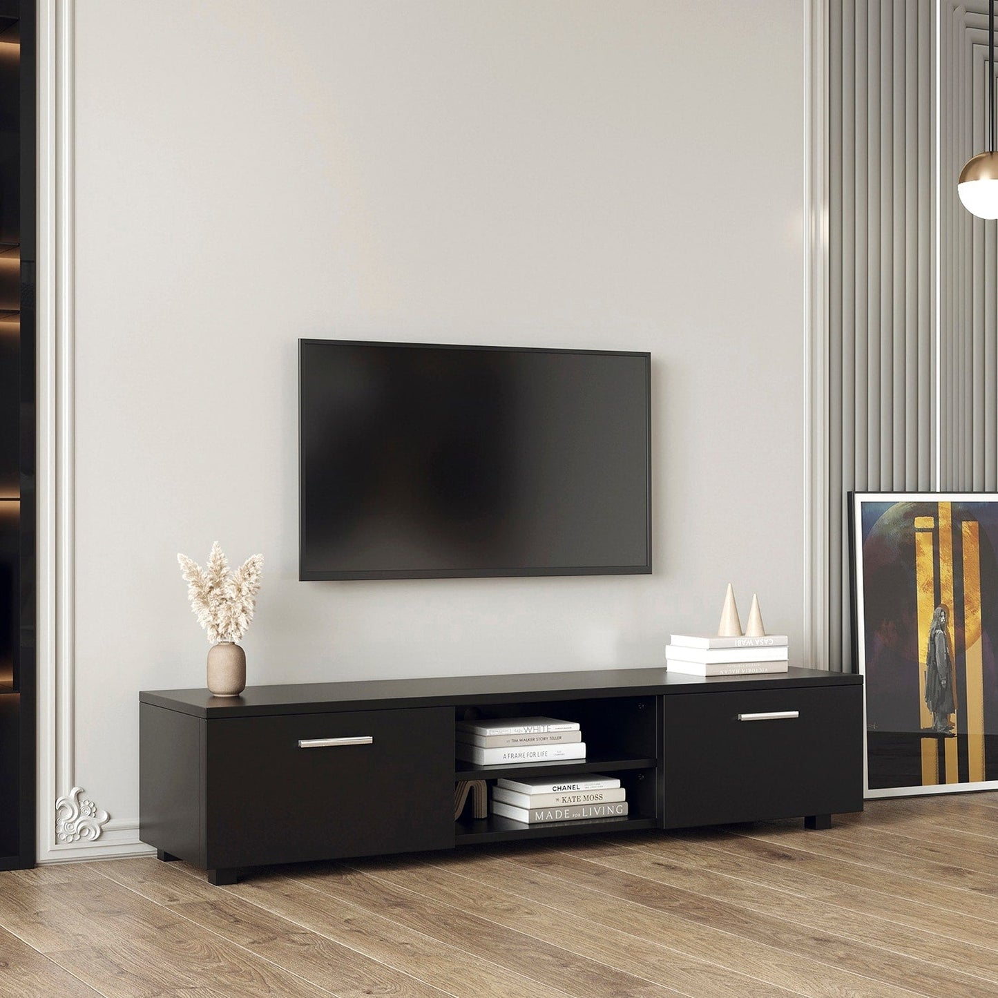 GZMR Black TV Stand for 70-in TV Stands Modern/Contemporary Black TV Cabinet (Accommodates TVs up to 70-in)