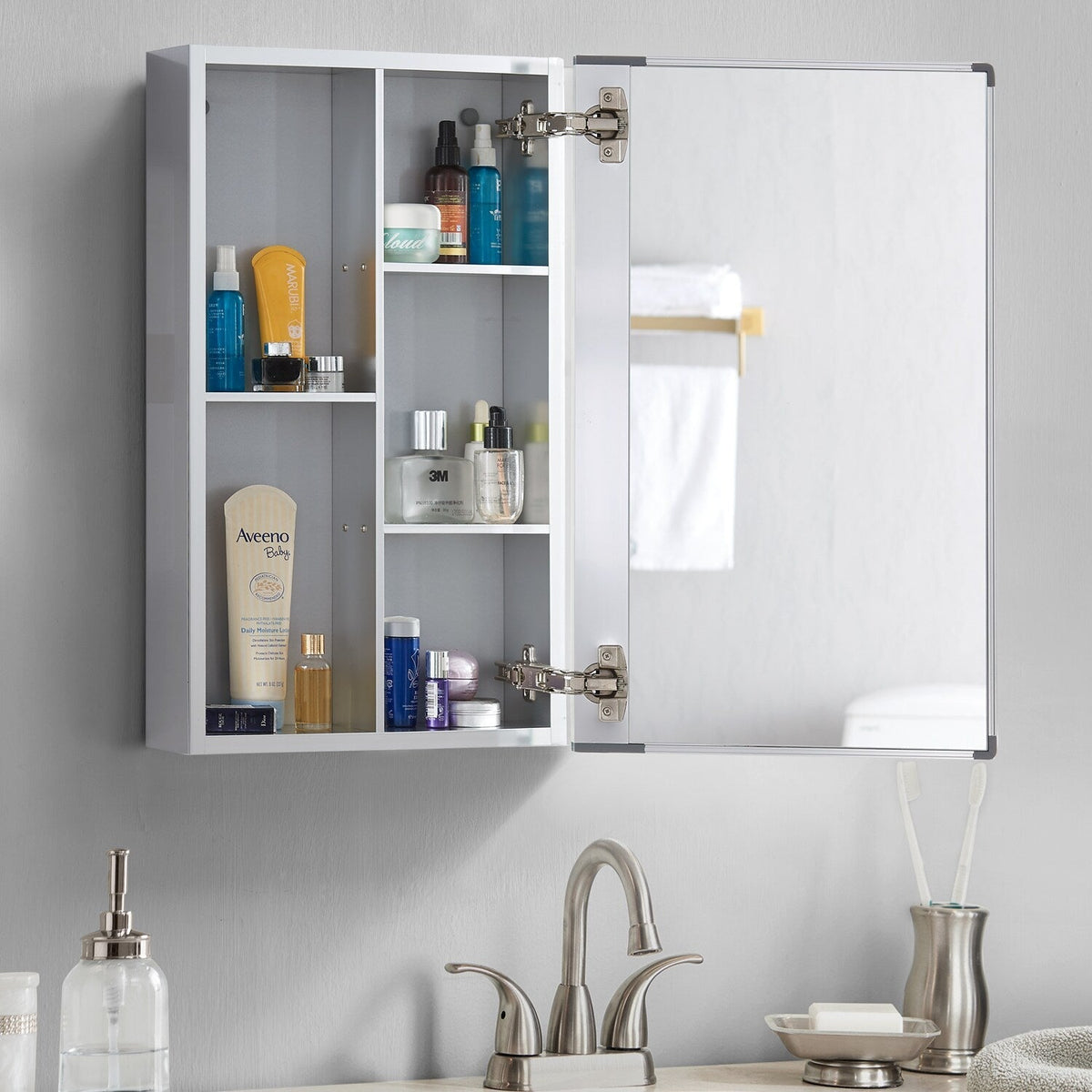 allen + roth Maximum Storage 15-in x 24-in Fog Free Surface Mount Silver Mirrored Soft Close Medicine Cabinet
