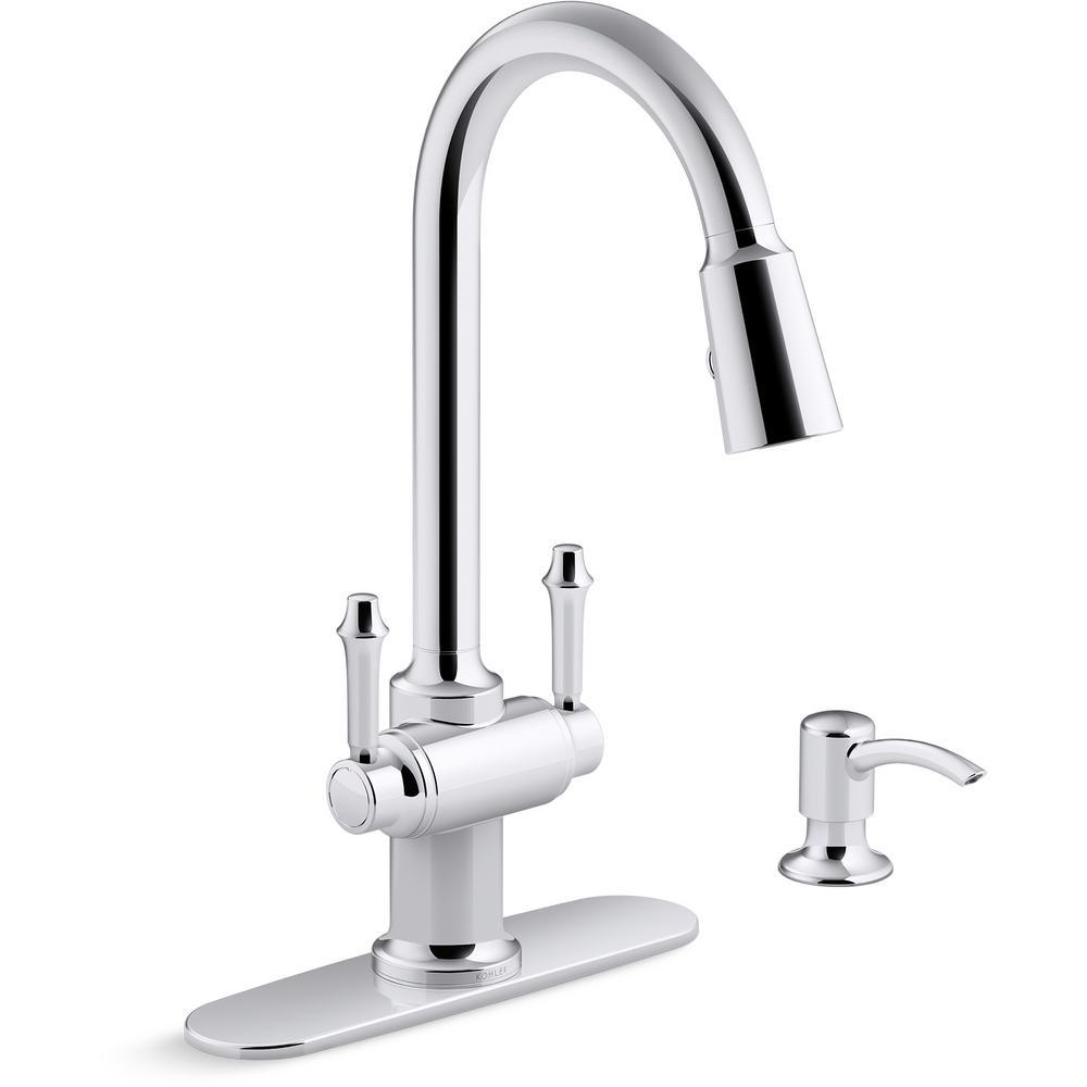 Thierry Two Handle Pull-Down Sprayer Kitchen Faucet with Soap Dispenser in Oil-Rubbed Bronze - Super Arbor