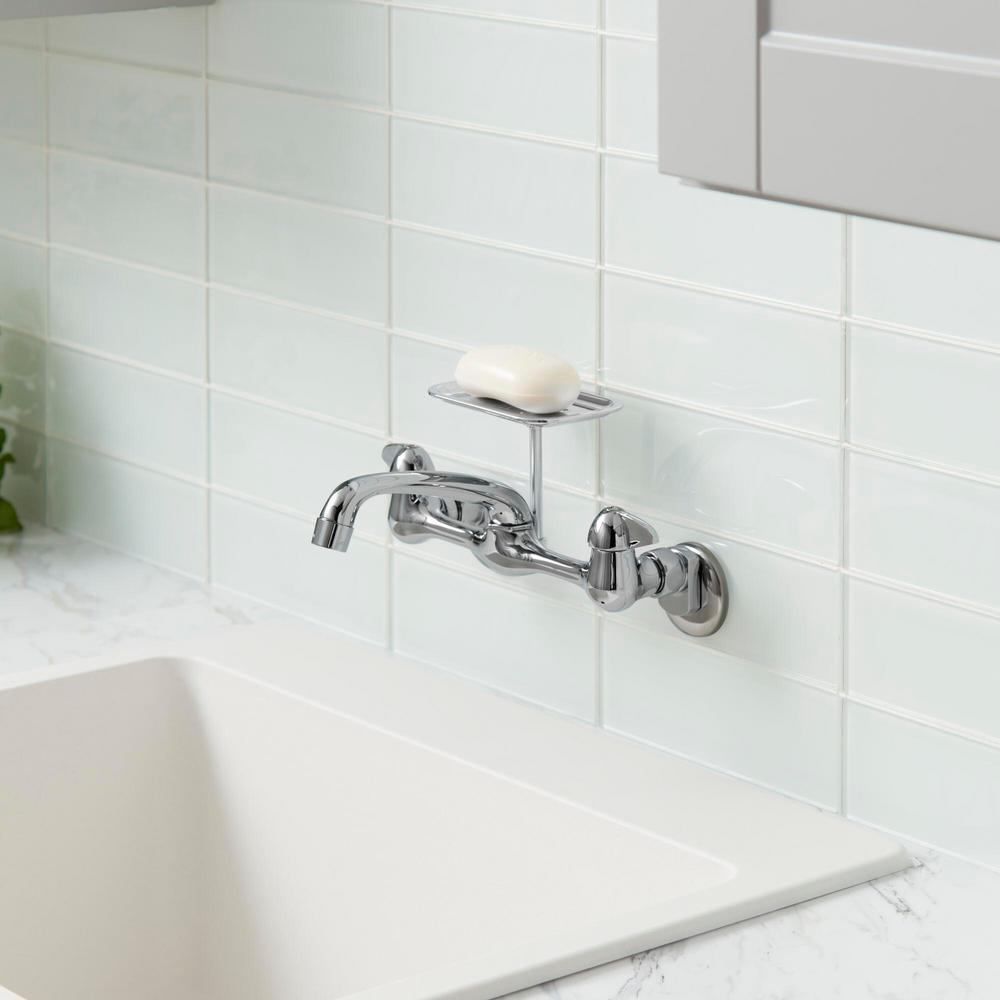 2-Handle Wall-Mount Kitchen Faucet with Soap Dish in Chrome - Super Arbor