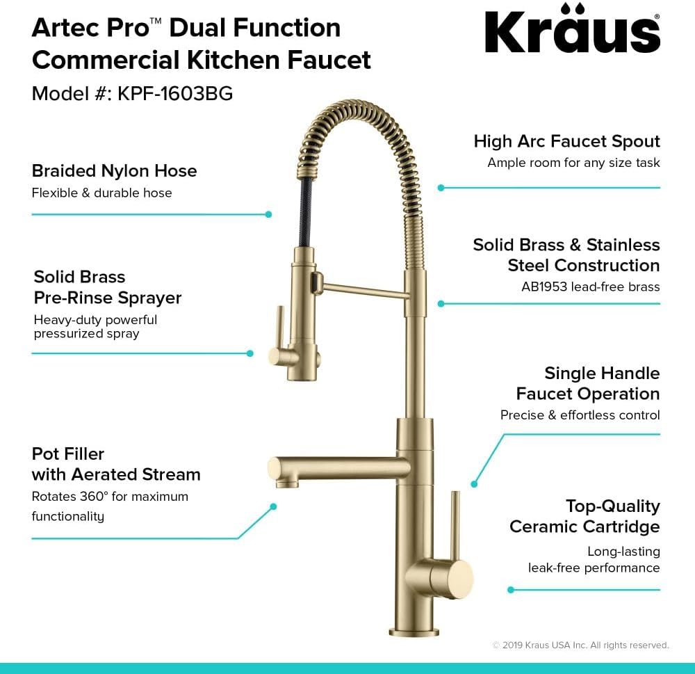 KRAUS Artec Pro Single-Handle Pull-Down Sprayer Kitchen Faucet with Pot Filler, Brushed Gold (KPF-1603BG)