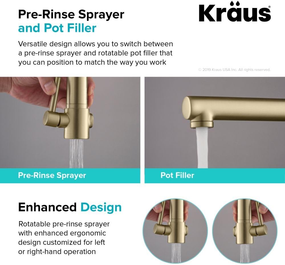 KRAUS Artec Pro Single-Handle Pull-Down Sprayer Kitchen Faucet with Pot Filler, Brushed Gold (KPF-1603BG)