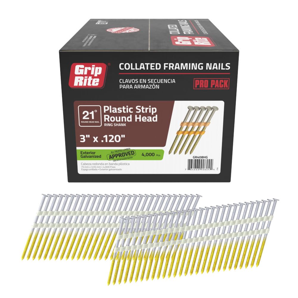 Grip-Rite 21 Degree Plastic Strip Round Head Framing Nails Hot Dipped Ring Shank .120" Mill 3" 4M/Box