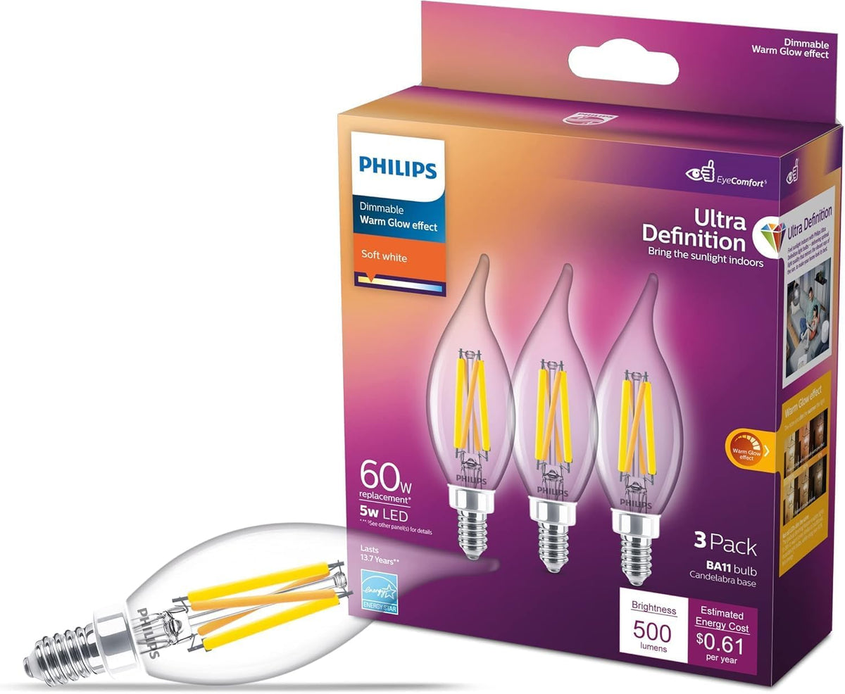 Philips 75-Watt Equivalent BA11 Dimmable Edison Glass LED Candle Light Bulb, Bent Tip, E12 Candelabra Base, Daylight 5000K, 12-Pack