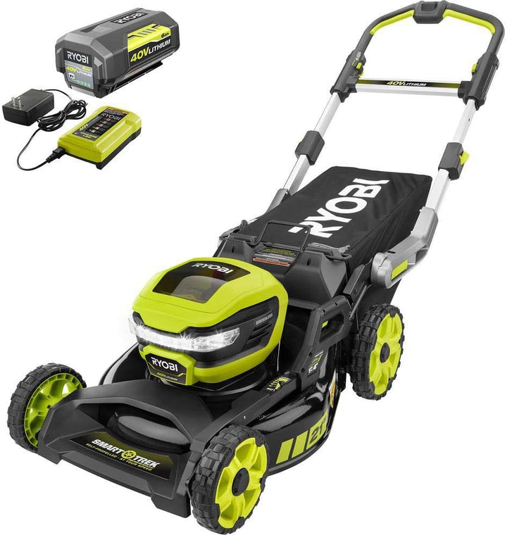RYOBI 21 in. 40-Volt Brushless Lithium‑Ion Cordless SMART TREK Self‑Propelled Walk‑Behind Mower with 6.0Ah Battery and Charger