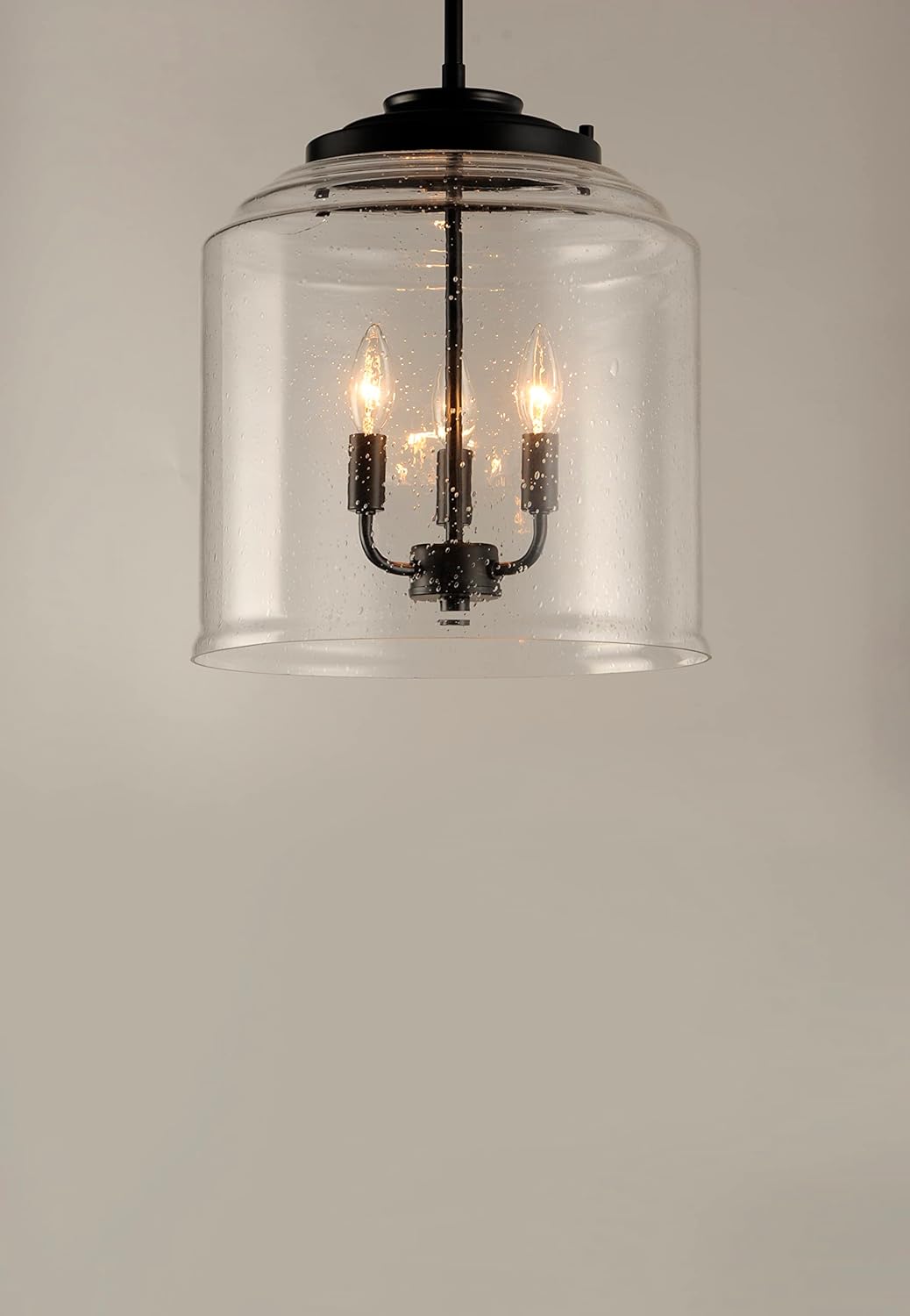 Maxim Lighting Acadia Black Transitional Seeded Glass Bell Pendant Light, 13.75" Diameter x 16" Height, 3-Light