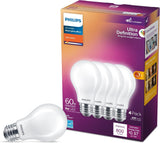 Philips 60W Equivalent A19 LED Bulb, Dimmable, High CRI 90+, Soft White 2700K, 800 Lumens, Medium Base (E26), 4-Pack