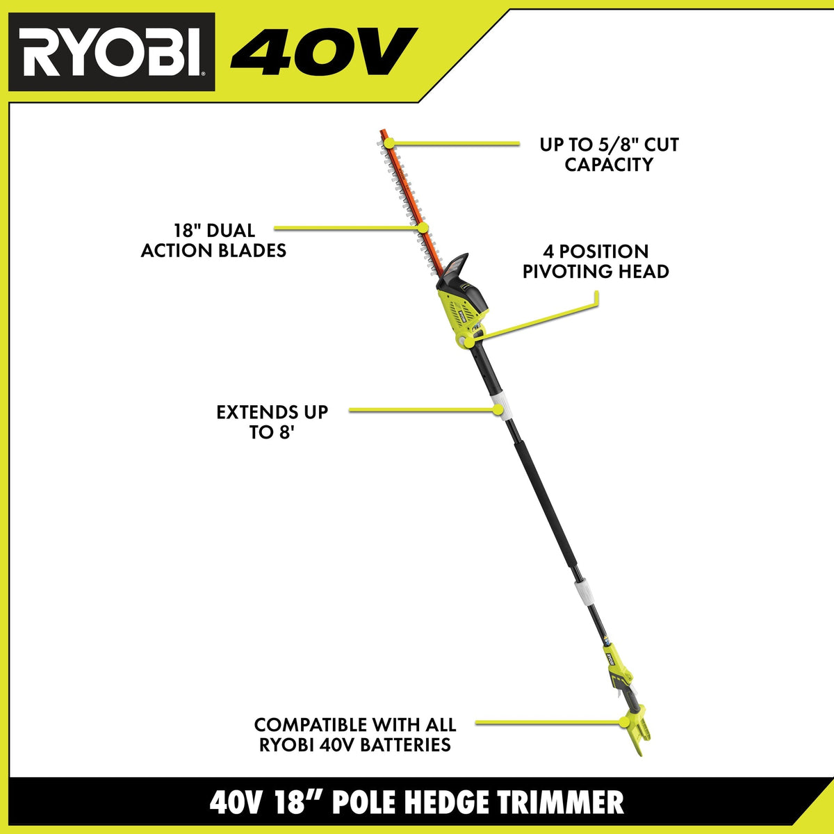 RYOBI 18 in. 40-Volt Lithium-Ion Cordless Pole Hedge Trimmer with 2.0 Ah Battery and Charger Included
