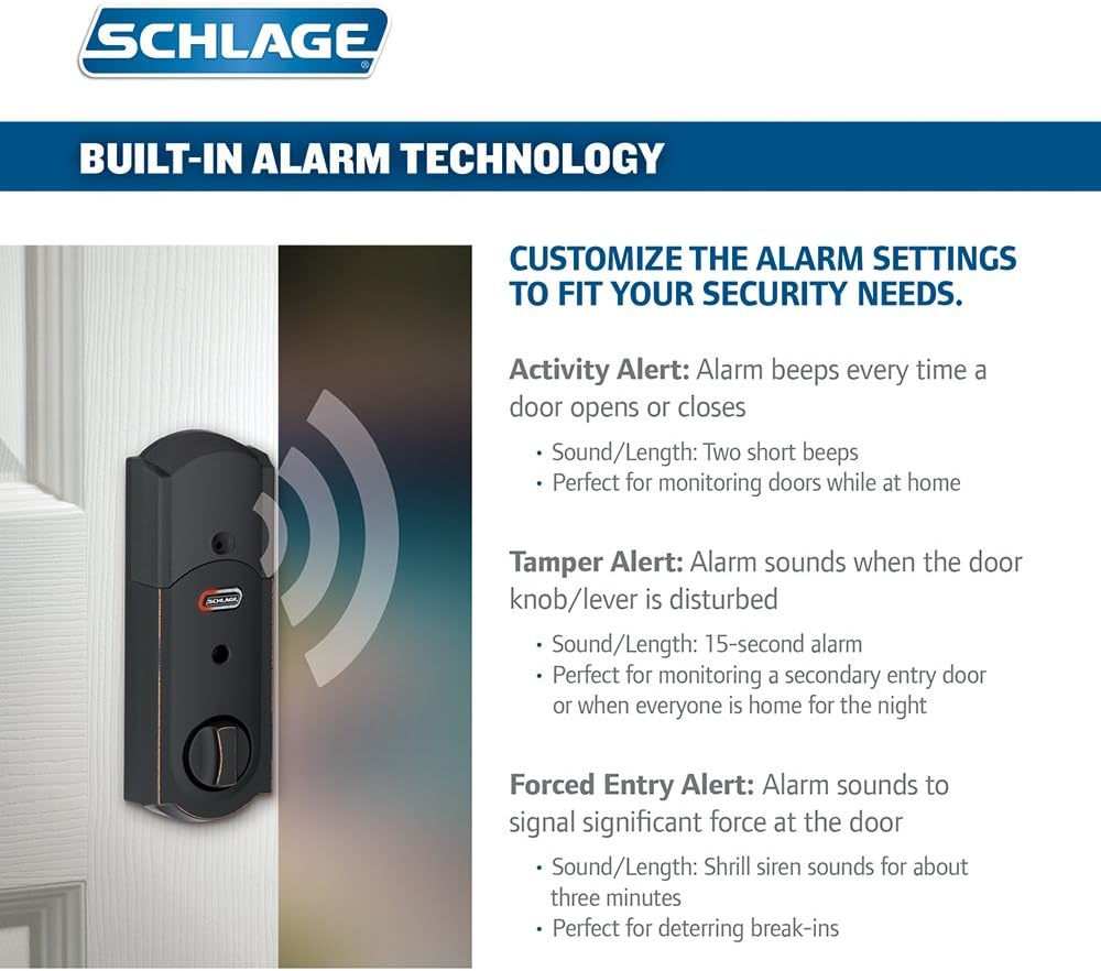 Schlage Camelot Aged Bronze Connect Z‑Wave Plus Smart Deadbolt & Camelot Handleset with Accent Lever, Camelot Trim