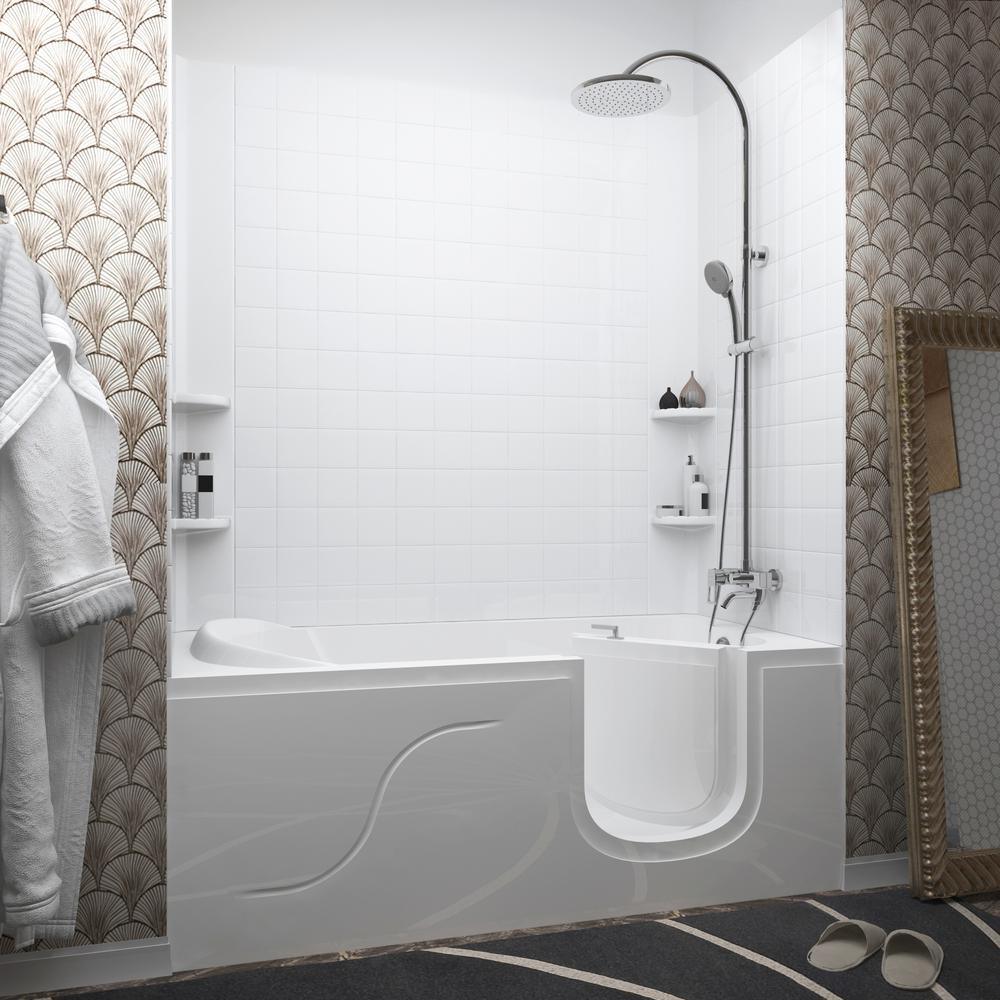 NOVA Heated 5 ft. Walk-in Non-Whirlpool Bathtub with 4 in. Tile Easy Up Adhesive Wall Surround in White - Super Arbor