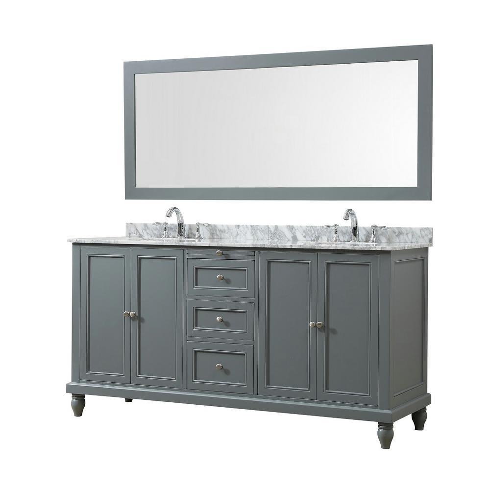 Classic 70 in. Bath Vanity in White with Carrara Marble Vanity Top with White Basins and 1 Large Mirror - Super Arbor