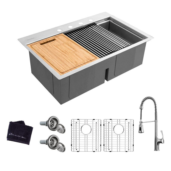 All-in-One Drop-In Stainless Steel 33 in. 4-Hole 50/50 Double Bowl Workstation Sink with Faucet and Accessories Kit - Super Arbor