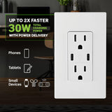 Leviton 30-Watt (6A) Dual USB Type-C Power Delivery In-Wall Charger with 15A 125V Tamper-Resistant Outlet, White (Model T5635-W)