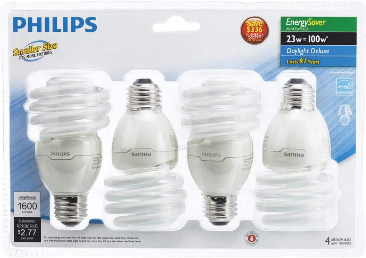 Philips 100-Watt Equivalent T2 Twister CFL Light Bulb, Daylight Deluxe, 23W, E26 Base, 1600 Lumens (4-Pack)