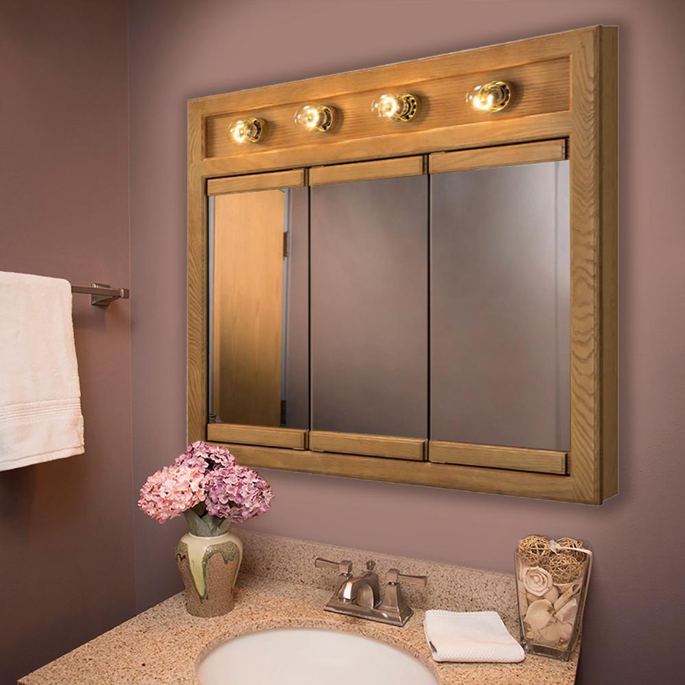 Richland 48 in. W x 30 in. H x 5 in. D Framed 6-Light Tri-View Surface-Mount Bathroom Medicine Cabinet in Nutmeg Oak - Super Arbor