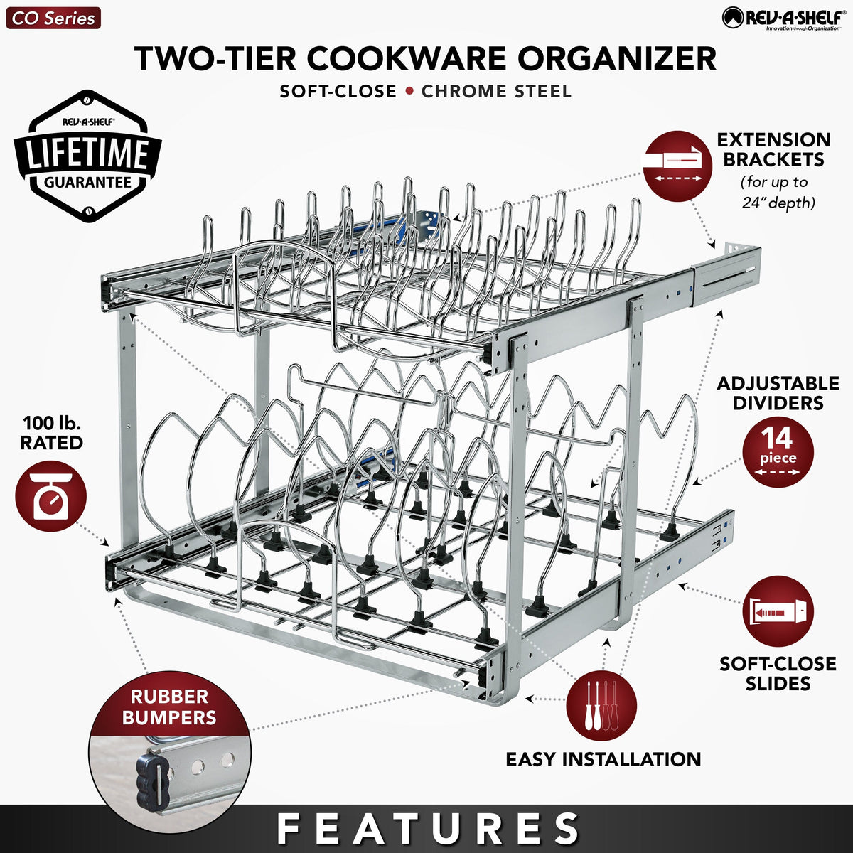 Rev-A-Shelf Two-Tier Pull-Out Baskets, 20.75-in W x 18.12-in H x 22-in D, Soft-Close Chrome Metal Organizer