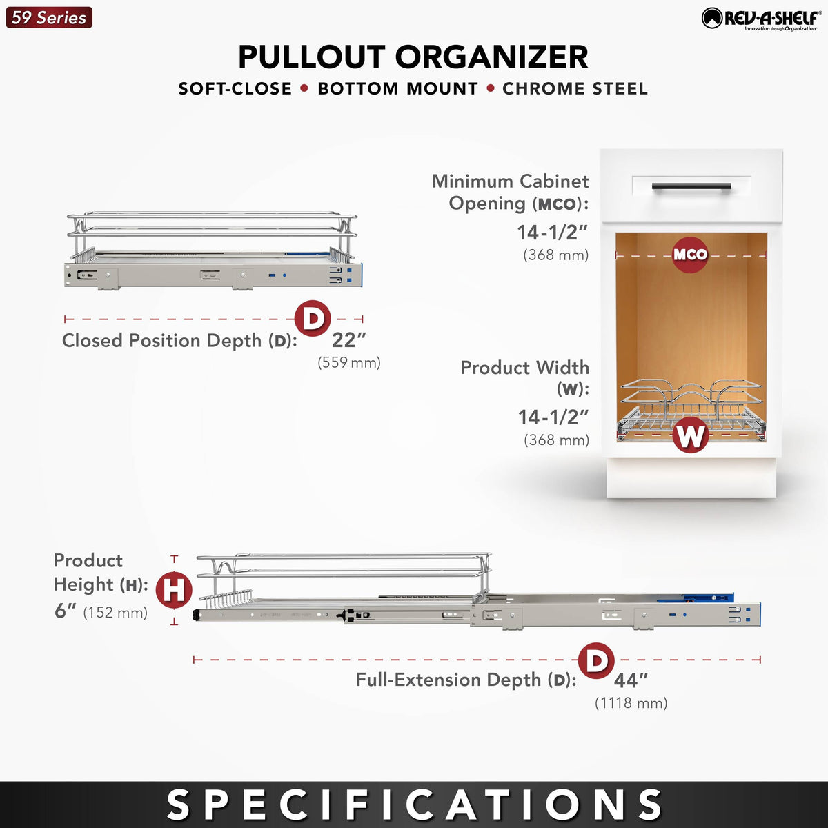 Rev-A-Shelf 14.5-in W x 6-in H Single-Tier Soft-Close Pull-Out Chrome Metal Basket, 22-in D (59-15SC-5)