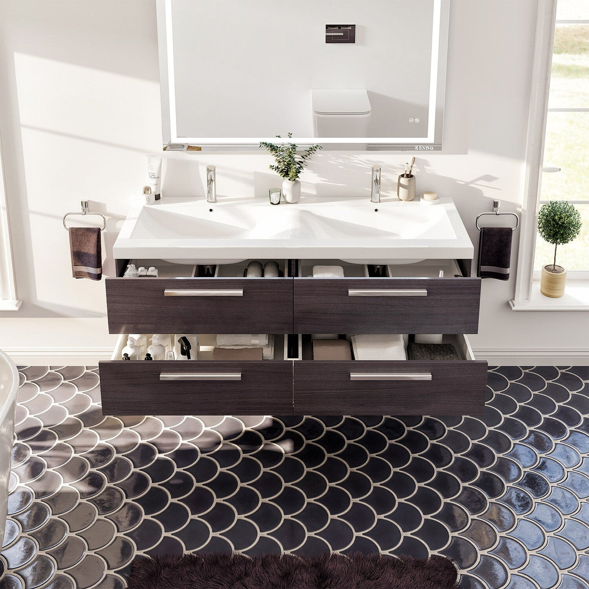 Eviva Surf 57 in. W x 19 in. D x 24 in. H Gray Oak Floating Bathroom Vanity with White Acrylic Double Sink Top