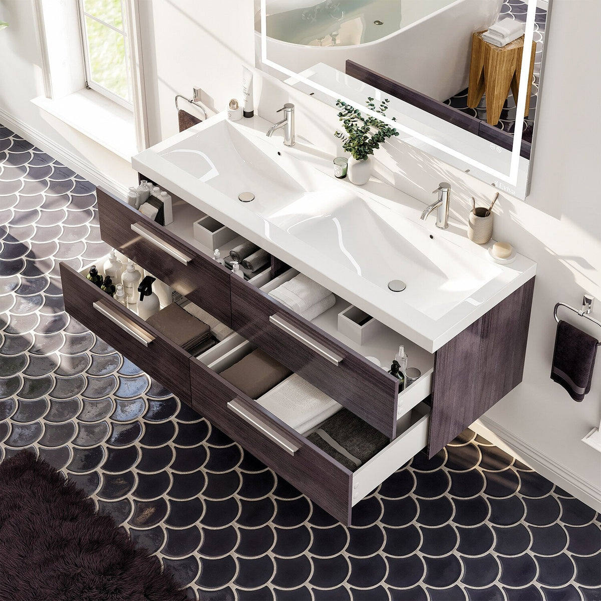 Eviva Surf 57 in. W x 19 in. D x 24 in. H Gray Oak Floating Bathroom Vanity with White Acrylic Double Sink Top