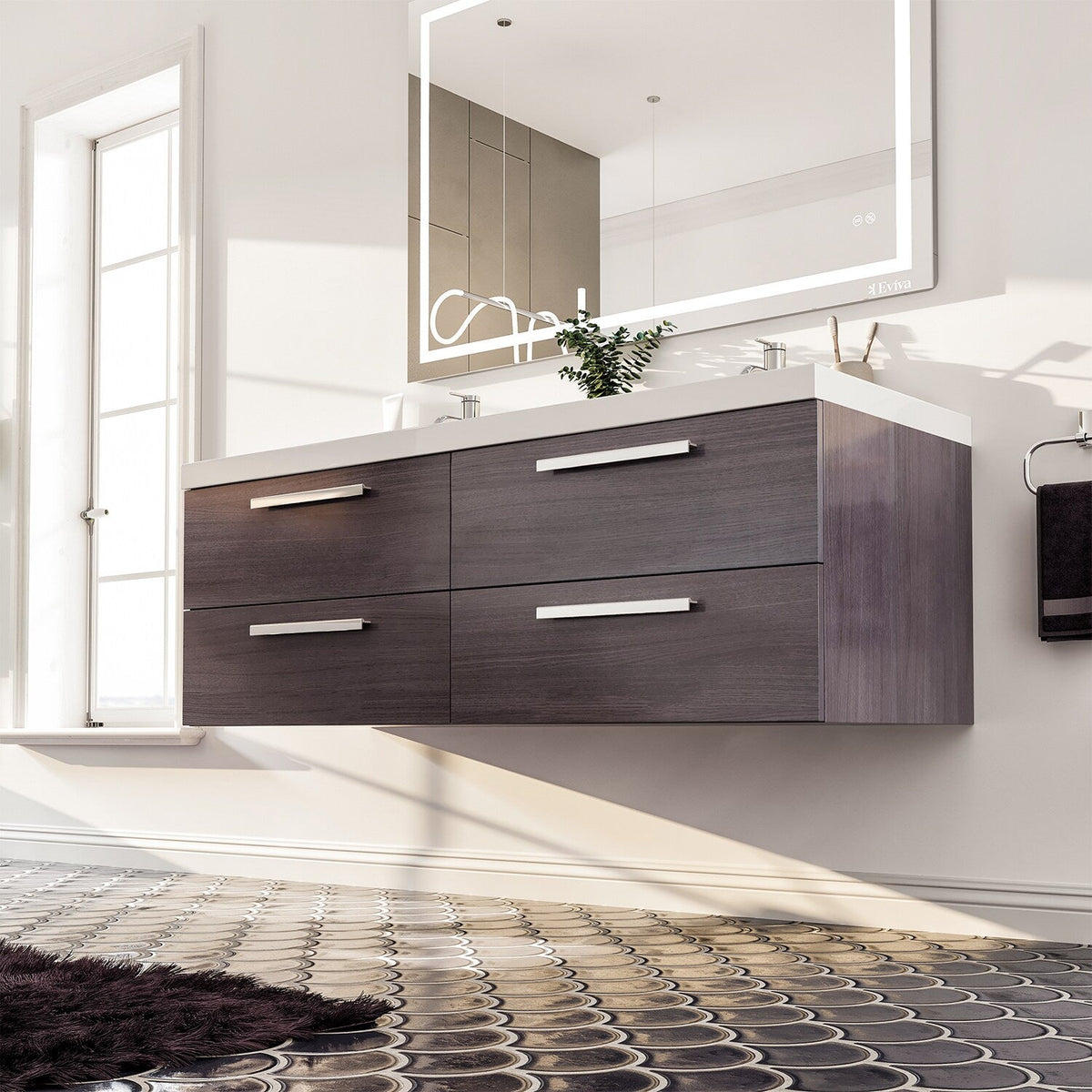 Eviva Surf 57 in. W x 19 in. D x 24 in. H Gray Oak Floating Bathroom Vanity with White Acrylic Double Sink Top