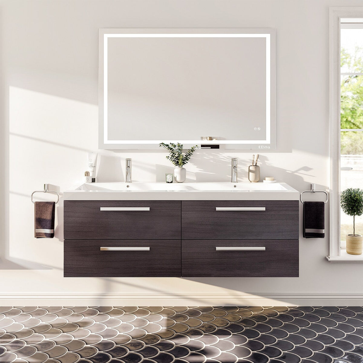 Eviva Surf 57 in. W x 19 in. D x 24 in. H Gray Oak Floating Bathroom Vanity with White Acrylic Double Sink Top