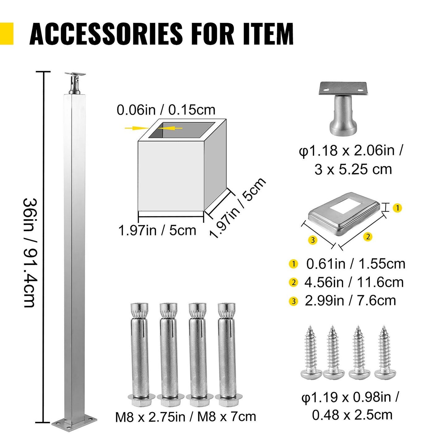 VEVOR railing post 3-ft x 1.97-in Stainless Steel Deck Stair Rail Kit