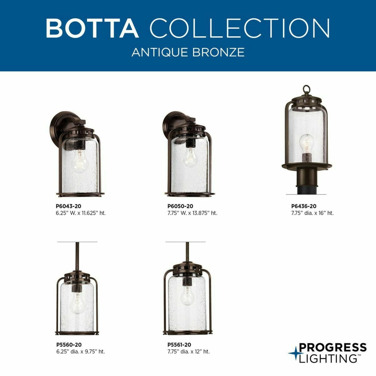 Progress Lighting Botta 7.75-in Small Lantern Pendant Light, Antique Bronze with Clear Seeded Glass