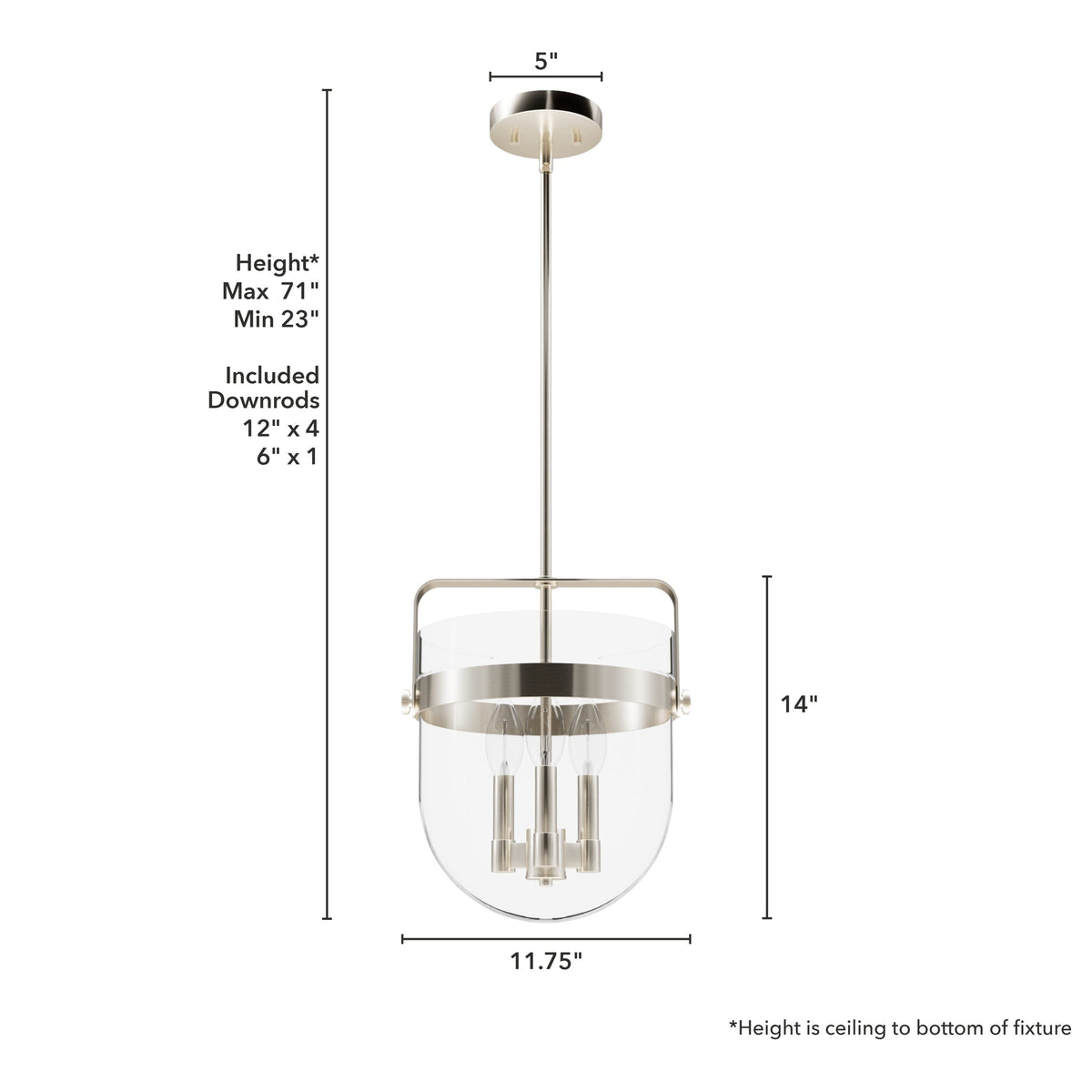Hunter Karloff 3-Light Brushed Nickel Transitional Clear Glass Bell LED Medium Hanging Pendant Light