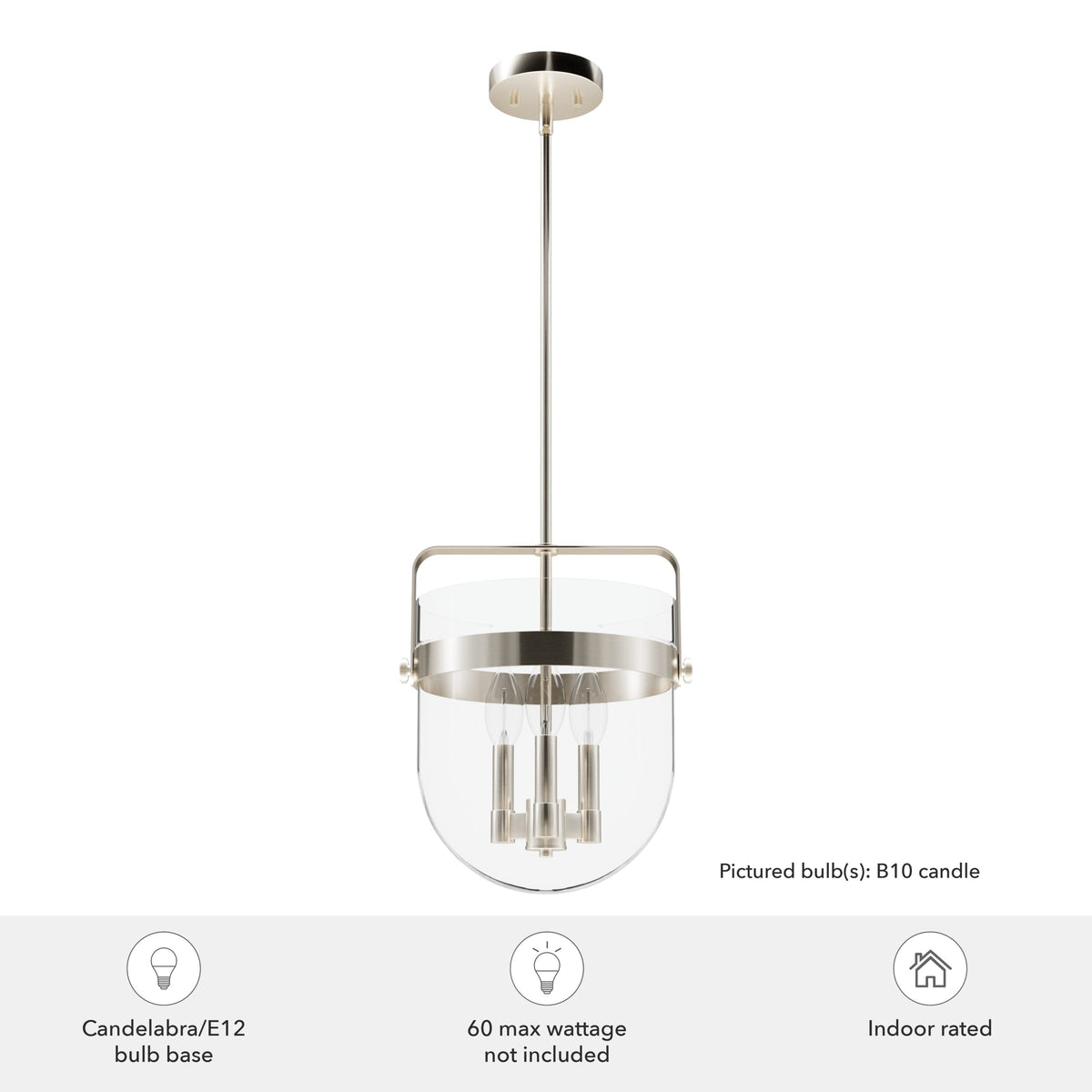 Hunter Karloff 3-Light Brushed Nickel Transitional Clear Glass Bell LED Medium Hanging Pendant Light