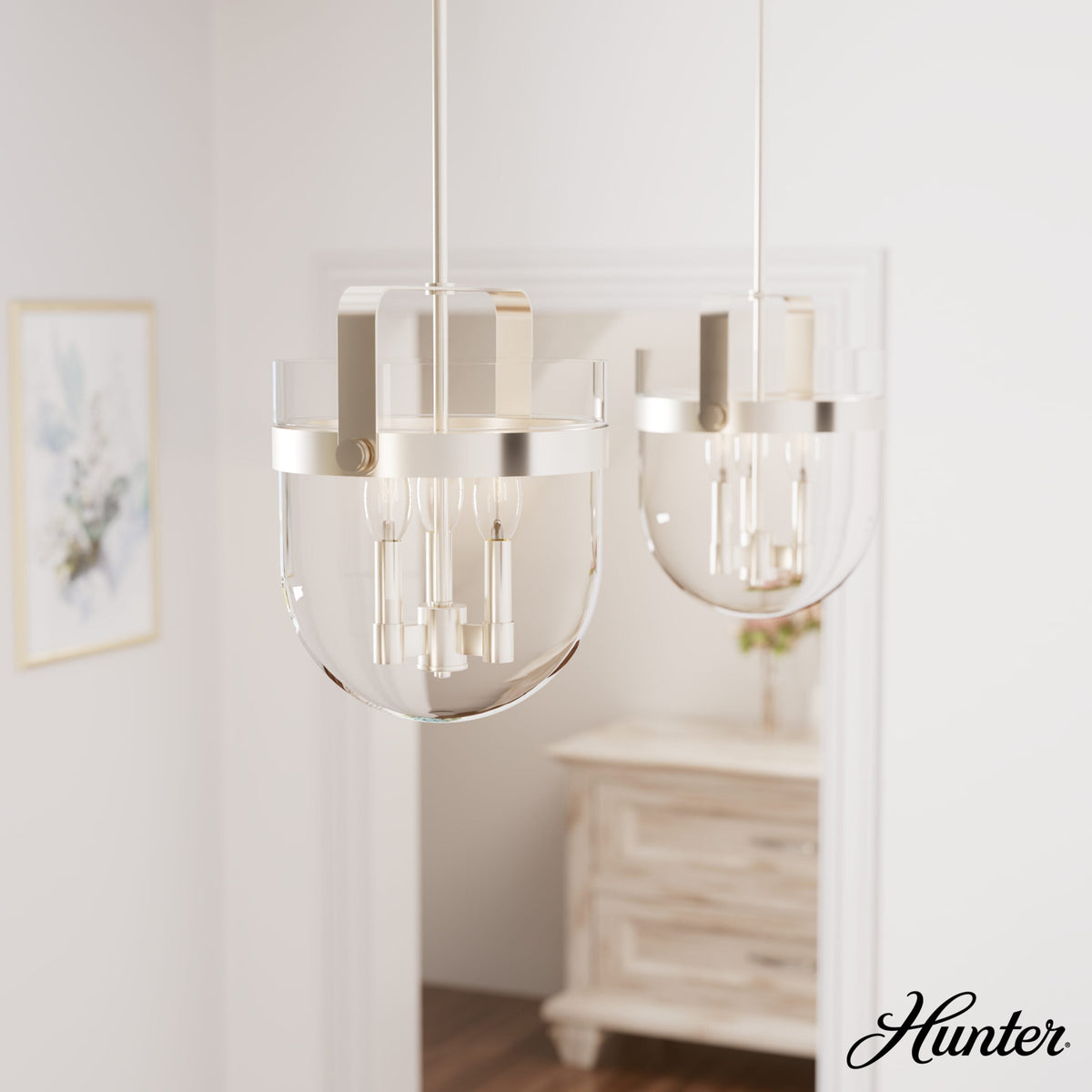 Hunter Karloff 3-Light Brushed Nickel Transitional Clear Glass Bell LED Medium Hanging Pendant Light