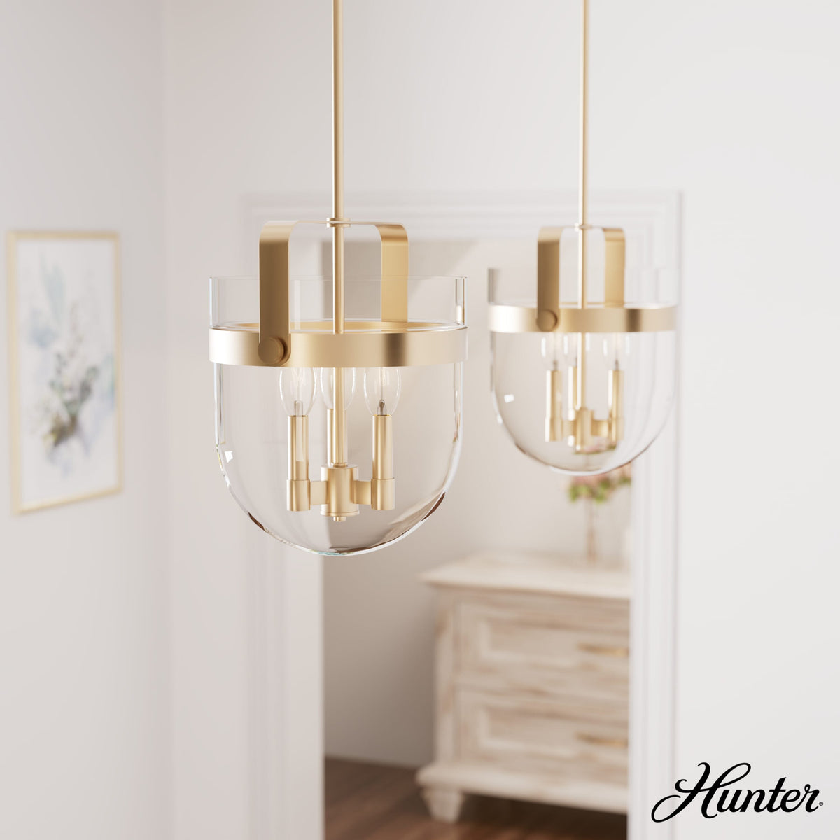 Hunter Karloff 3-Light Alturas Gold Transitional Clear Glass Bell LED Medium Hanging Pendant Light