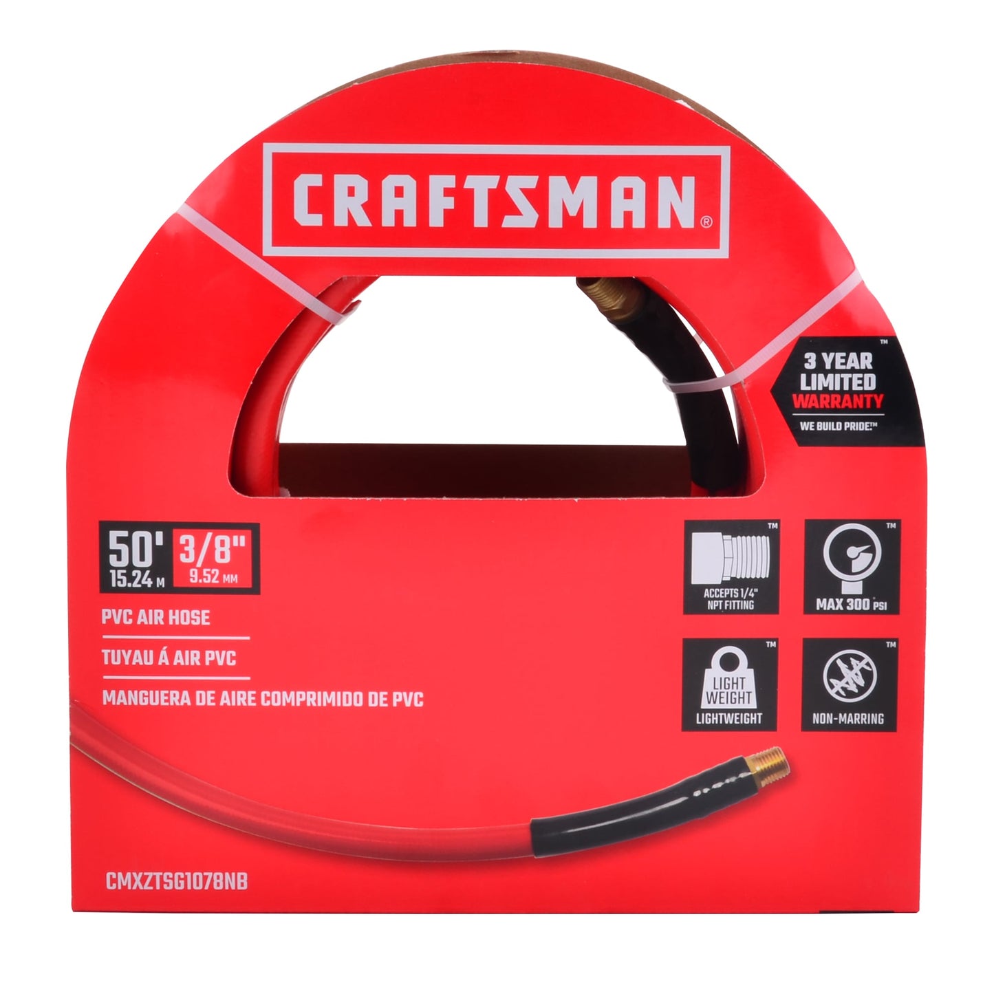 Craftsman 50-ft x 3/8-in PVC Air Hose, 300 PSI, Red